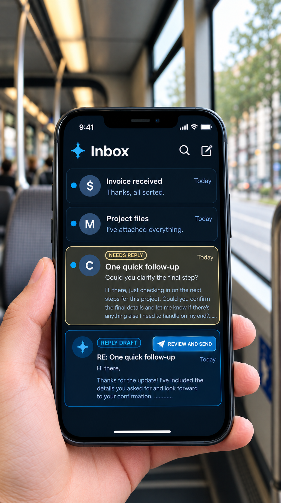 AgentSaver email reply draft displayed on a phone